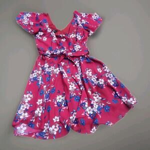 Floral Wrap Dress Tie Waist Butterfly Sleeve Burgundy Blue White Pink